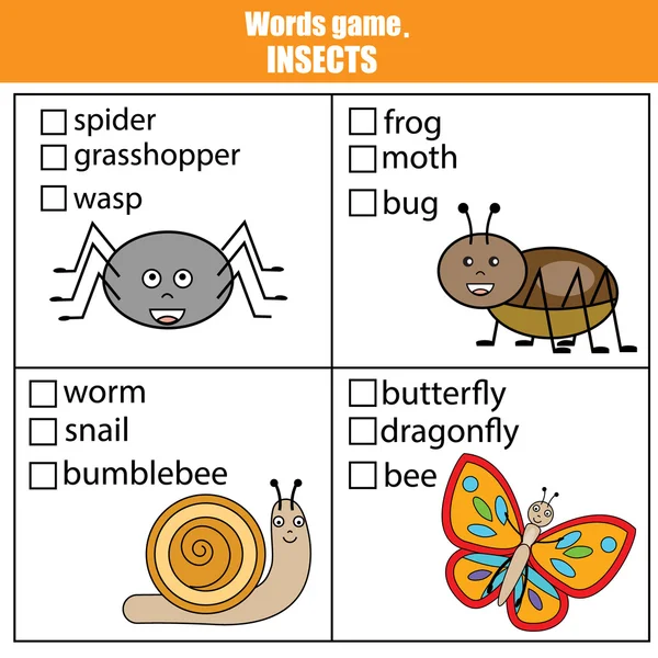 As palavras testam o jogo educativo para crianças. Animais, tema de insetos — Vetor de Stock