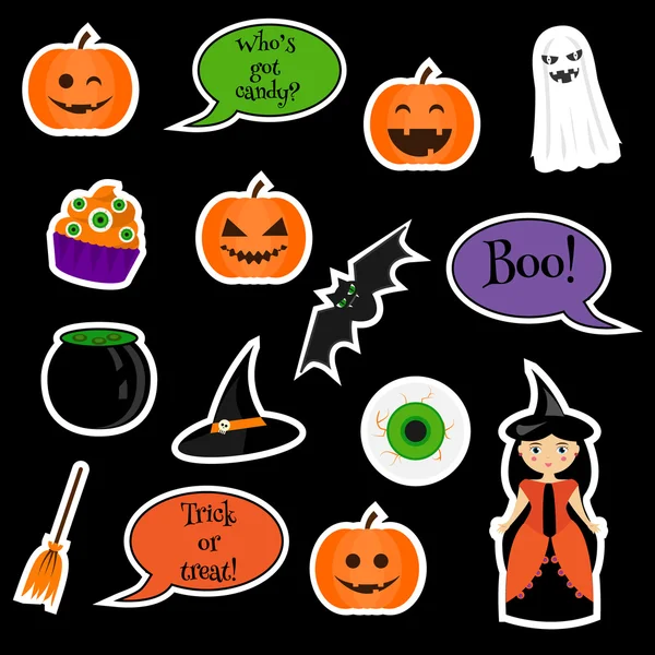 Autocolantes de vetor de Halloween, patches, emblemas. Símbolos de férias isolados em preto — Vetor de Stock