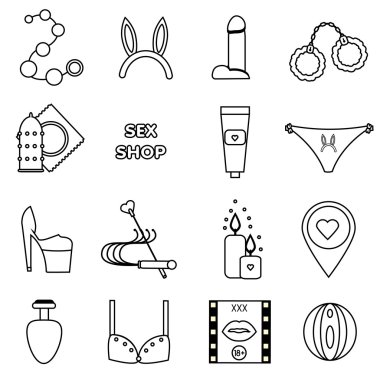 Erotik, sex shop sembolleri. Yetişkin oyunları, seks oyuncakları Icons set anahat.
