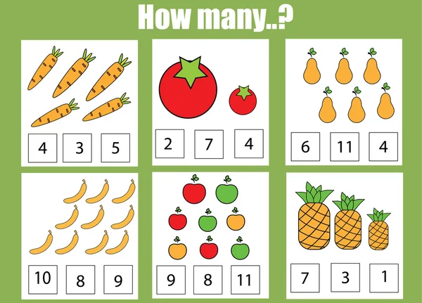 교육 어린이 게임, 계산 작업 워크시트 아이. 얼마나 많은 개체 작업 — 스톡 벡터