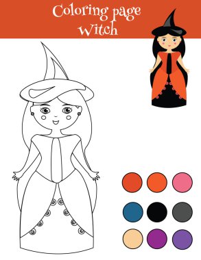 Kız halloween cadı kostüm ile sayfa boyama. Kids hareket çizim eğitim oyunu
