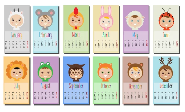 2017 year calendar with Kids in party Outfit. Children in Animal Carnival Costumes — Stock Vector