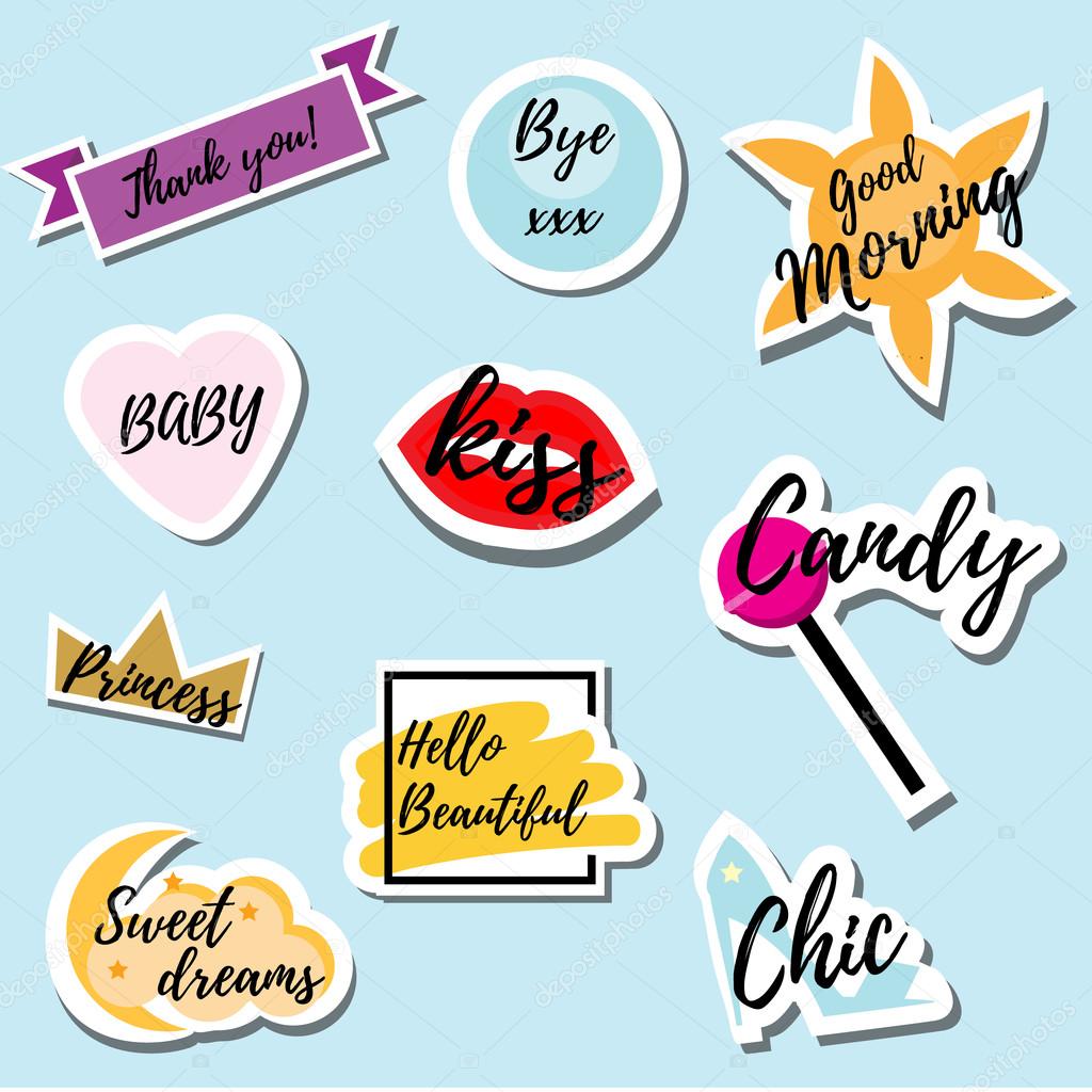 Trendy fashionable pins, patches, labels, stickers with text messages. vector illustrarion