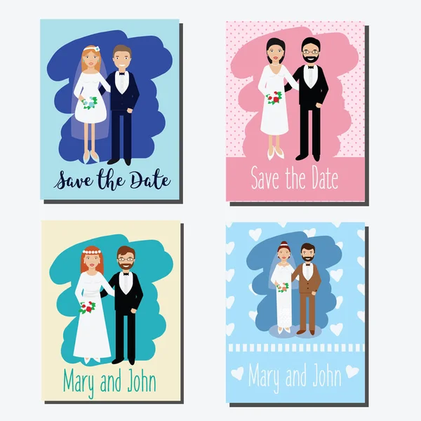 Spara datum korten, bröllopinbjudningar mallar med lyckliga par — Stock vektor