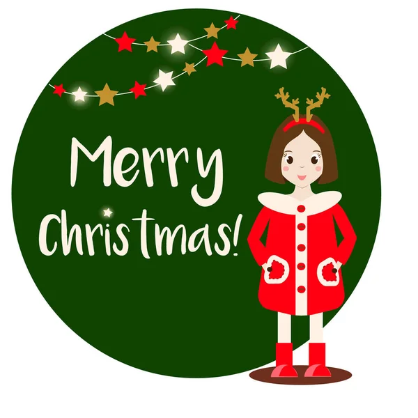 Kış giysileri giyen gülümseyen çocuk kız karakter karikatür. Merry Christmas banner — Stok Vektör