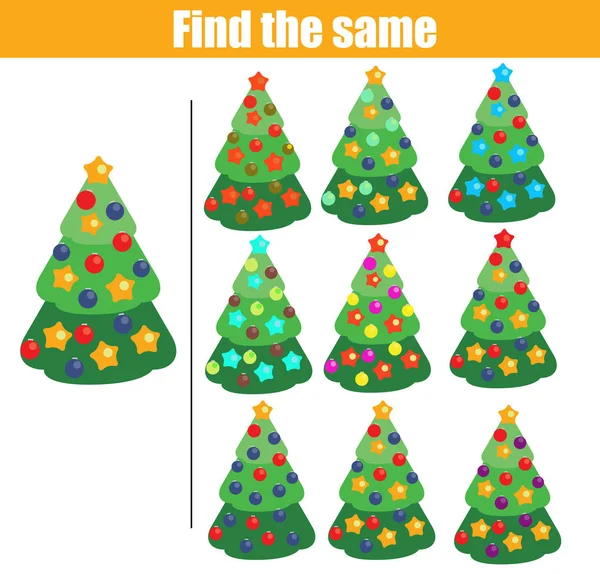 Βρείτε τις ίδιες εικόνες παιδιών εκπαιδευτικό παιχνίδι. Χριστουγεννιάτικο δέντρο spruce νέο έτος — Διανυσματικό Αρχείο