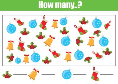 Eğitim çocuk oyunu sayma, etkinliği çalışma sayfası çocuklar. Kaç görev, Yeniyıl, kış tatil Tema nesneleri