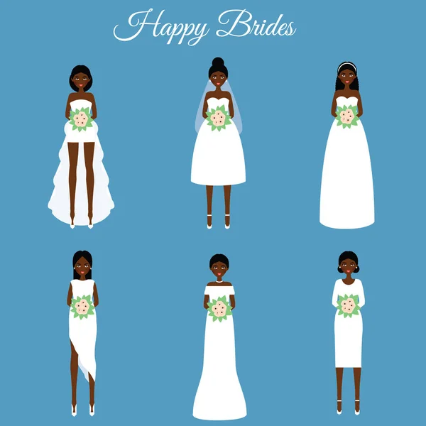 African american leende glada brudar. Kvinnor i fashion bröllopsklänningar. Vektorillustration — Stock vektor