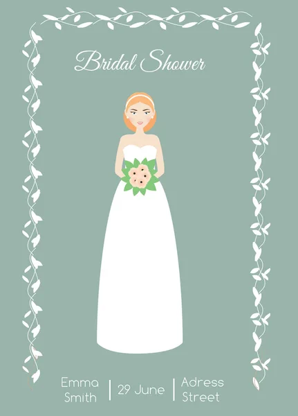 Brudkläder dusch kort med leende lyckliga bruden. Kvinna i mode brudklänning. Vektorillustration, inbjudan mall — Stock vektor