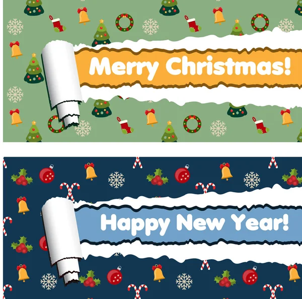Horizontale Banner mit gerissenen Papierstreifen und Winterurlaubsmuster. zerrissene festliche, winterliche Vektor-Rahmen. Neues Jahr und frohe Weihnachtsgrüße — Stockvektor