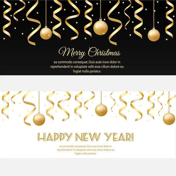 Frohe Weihnachten, frohes neues Jahr, horizontale Banner mit goldenen Luftschlangen und Kugeln — Stockvektor