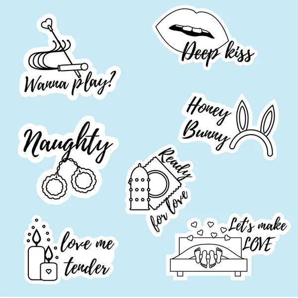 Trendy Pins, Aufnäher, Abzeichen, Aufkleber Pack. Romantik, Valentinstag, Liebe, erotische Ikonen. Sexy Botschaften für Erwachsene — Stockvektor
