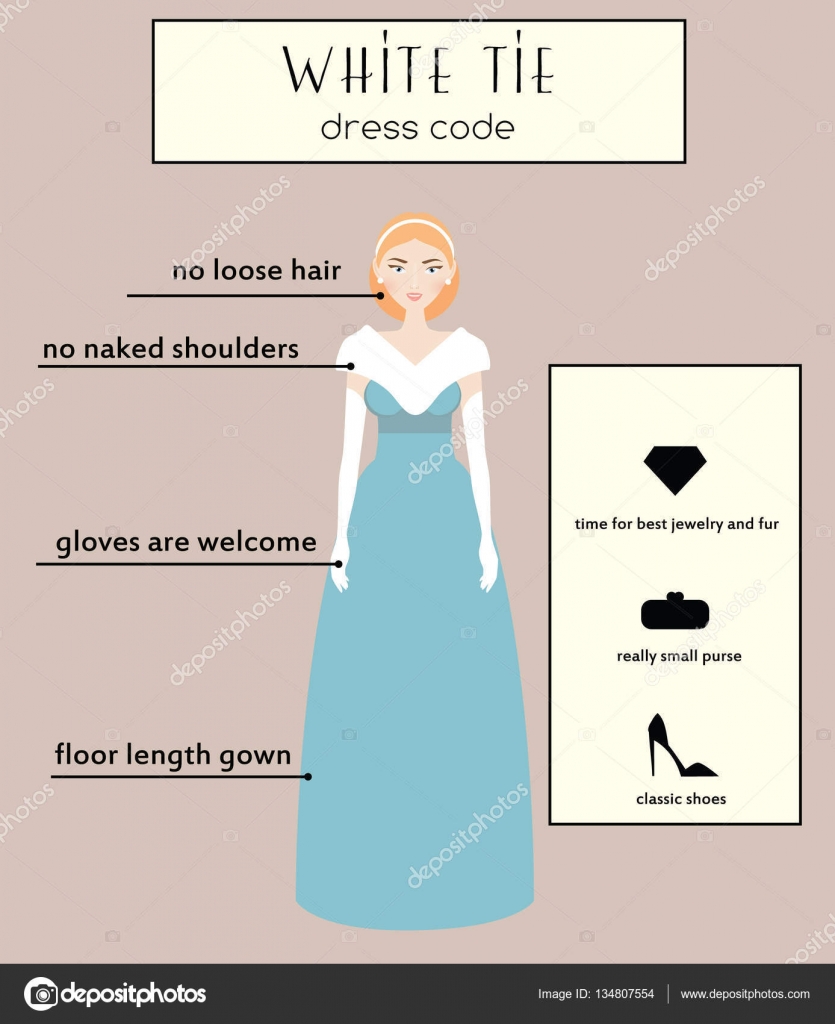 Woman dress code infographic. White tie. Female in evening long gown dress  Stock Vector by ©ksuklein 134807554
