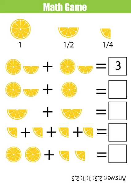 Matemáticas juego de conteo educativo para niños, hoja de trabajo de adición. Fracciones de aprendizaje, mitad, cuartos — Archivo Imágenes Vectoriales