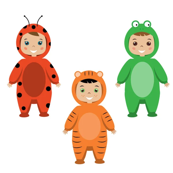 Kinderparty-Outfit. Kinder in tierischen Karnevalskostümen — Stockvektor