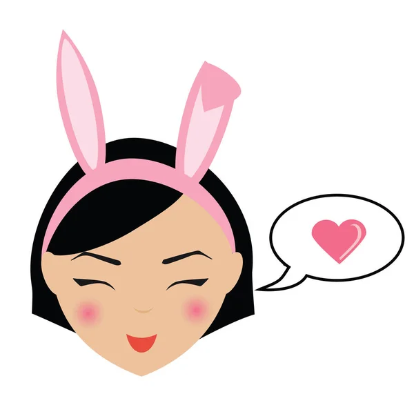 Schattige lachende meisje met bunny oren emoji. Geïsoleerde vrouw gezicht expressie, pictogram, label, userpic — Stockvector