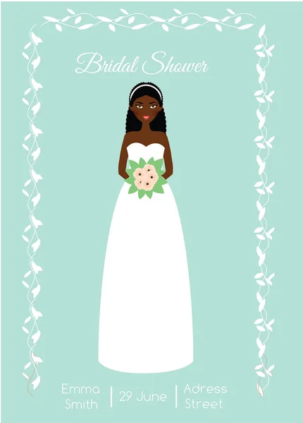 Brudkläder dusch kort med leende lyckliga bruden. African american woman i mode brudklänning. Vektorillustration, inbjudan mall — Stock vektor