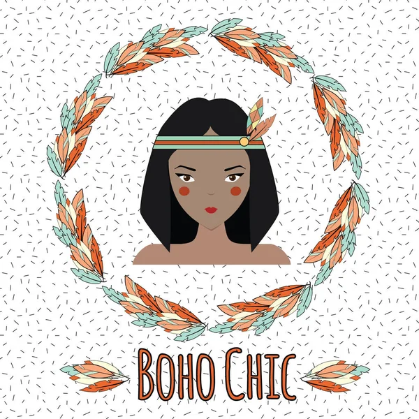 Boho indian girl in feather wreath in hand drawn style — Stock Vector