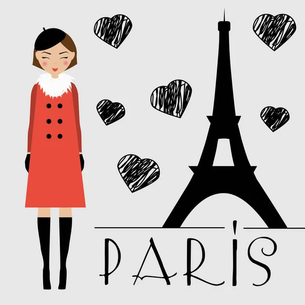 Schattig kawaii meisje en Eiffel toren silhouet vectorillustratie — Stockvector