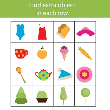 Fazladan nesneyi satır bulun. Eğitim çocuk oyunu, yazdırılabilir etkinliği