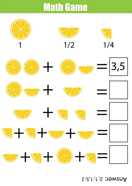 Matematica gioco di conteggio educativo per bambini, foglio di lavoro aggiunta. Frazioni di apprendimento, metà, quarti — Vettoriale Stock