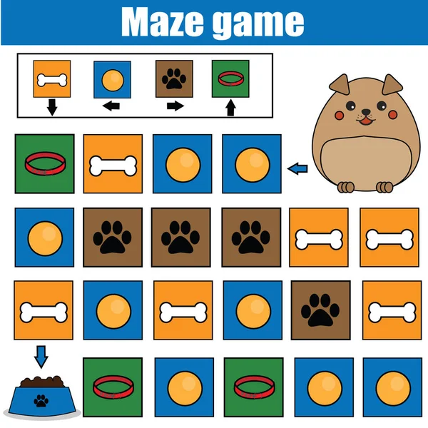 Maze game, animals theme. Kids activity sheet. Logic labyrinth game with code navigation — Stock Vector
