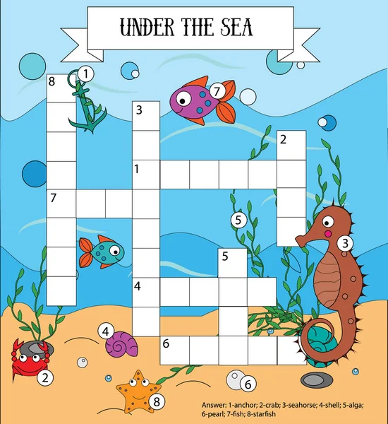 Crossword educational children game with answer. Sea, marine life and animals theme — Stock Vector