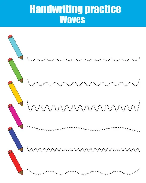 Kézírás gyakorlat lapot. Oktatási gyerekek játék. Nyomtatható munkalapok, rajz hullámok — Stock Vector