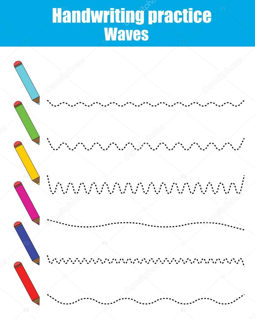 Handwriting practice sheet. Educational children game. Printable worksheet, drawing waves