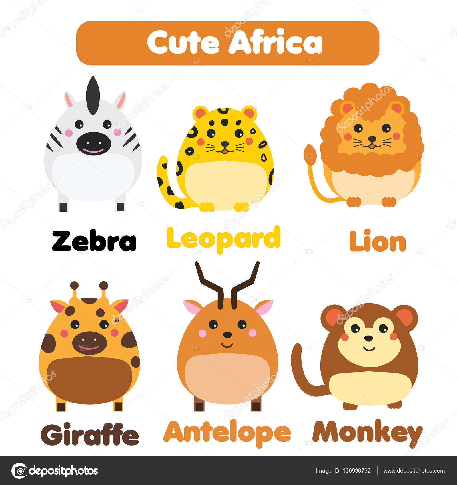 Animali africani svegli insieme della fauna selvatica Stile dei Zebra Leone Antilope Giraffa nello stile di bambini illustrazione vettoriale Adesivi educativi illustrazioni isolato elementi di disegno per bambini