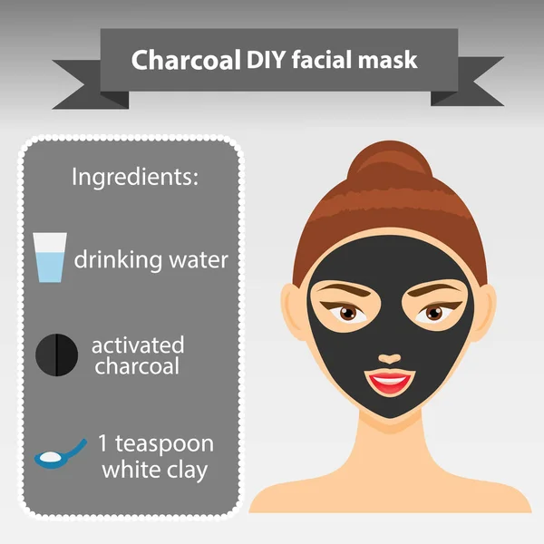 Νεαρή γυναίκα με εικονογράφηση διάνυσμα μάσκα προσώπου. Κάρβουνο μάσκα συνταγή για επιδερμίδες — Διανυσματικό Αρχείο