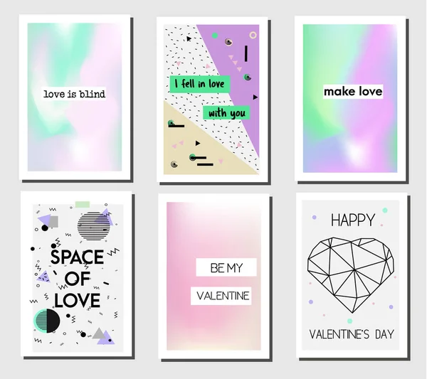 Καλλιτεχνική creative κάρτες την ημέρα του Αγίου Βαλεντίνου του St. Ρομαντικό σύγχρονα γεωμετρικά και ολογραφική μοντέρνα πανό με μηνύματα αγάπης — Διανυσματικό Αρχείο