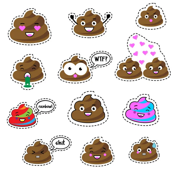 Pins, patches, labels, stickers isolated on white. Funny turd, poop character emoji — Stock Vector