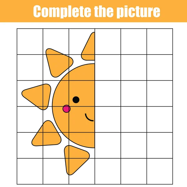 Copie par grille. Complétez l'image jeu éducatif pour enfants, coloriage. Feuille d'activités pour enfants avec personnage soleil mignon — Image vectorielle