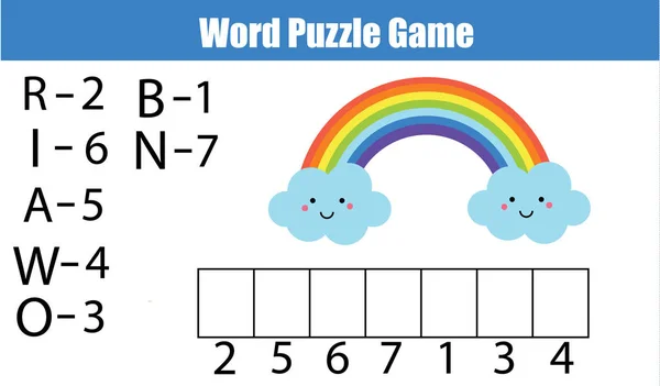 Wörter Rätsel Kinder Lernspiel mit Zahlen-Code. Platzieren Sie die Buchstaben in der richtigen Reihenfolge. Vokabeln lernen — Stockvektor