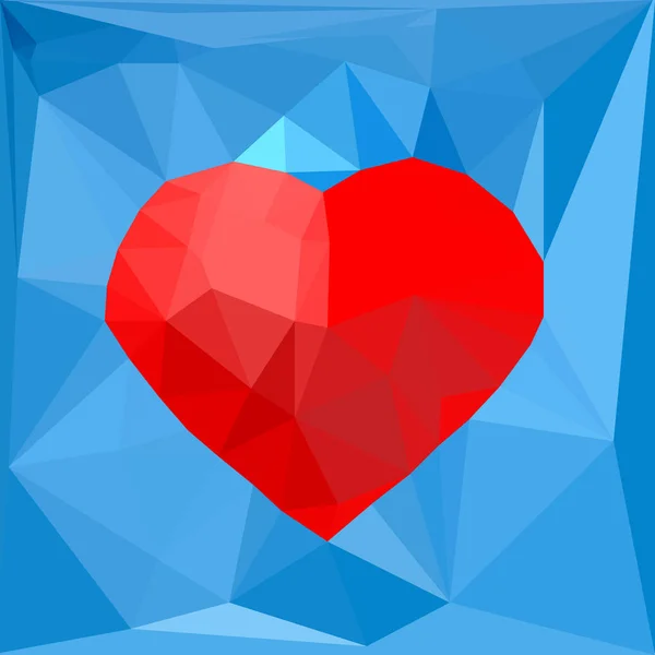 Symbole de coeur géométrique rouge artistique sur fond polygonal bleu. Illustration vectorielle — Image vectorielle
