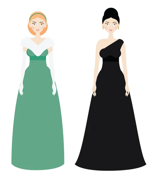 Красивая женщина дресс-код. Улыбающаяся женщина в роскошных вечерних платьях — стоковый вектор