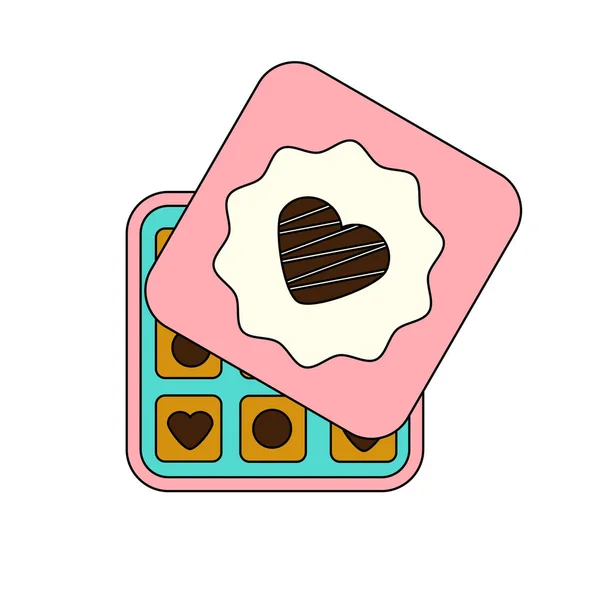 Schachtel mit Schokoladenbonbons und Herz-Symbol oben drauf. Valentinstag, romantisch, Liebe Design-Element, Symbol — Stockvektor
