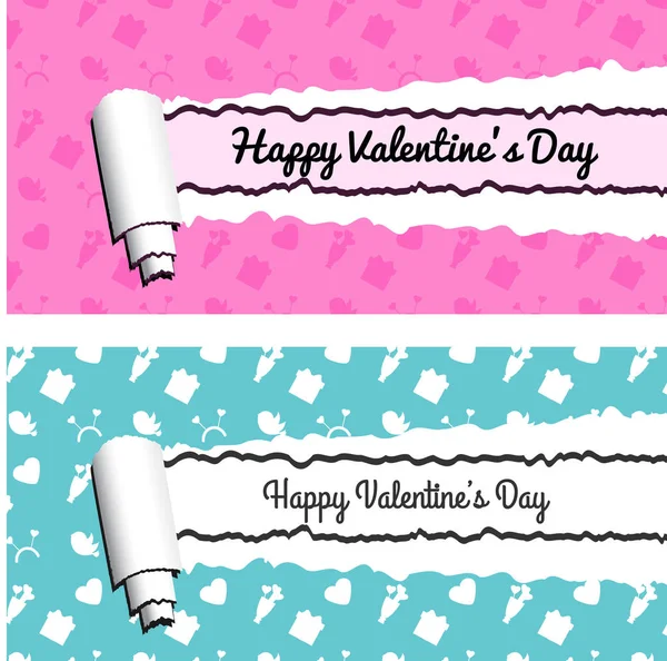Rosa und blaue horizontale Banner mit gerollten Papierstreifen. zerrissene Valentinstag-Vektor-Frames — Stockvektor