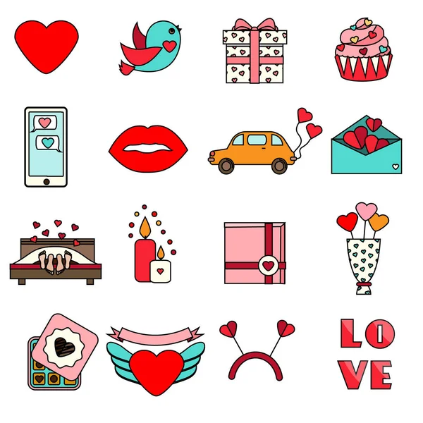 Die Ikonen des Valentinstages. Reihe von bunten romantischen, Liebe Urlaub Symbole — Stockvektor