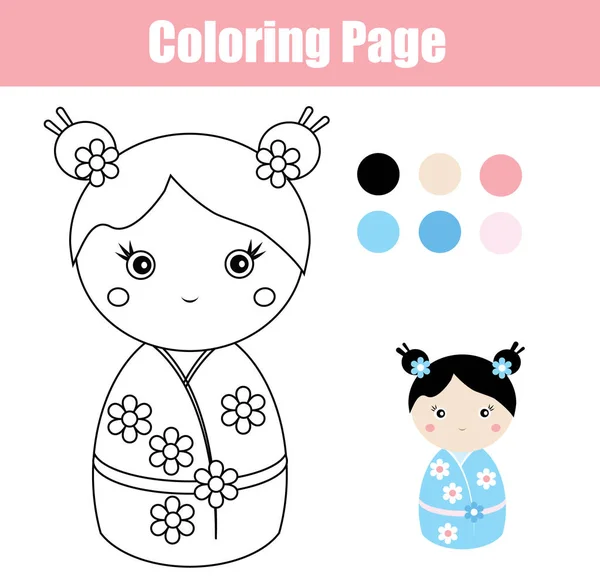 Χρωματισμός σελίδα με κούκλα χαριτωμένο Ιαπωνικά kokeshi. Εκπαιδευτικό παιχνίδι τα παιδιά, δραστηριότητα σχεδίασης — Διανυσματικό Αρχείο