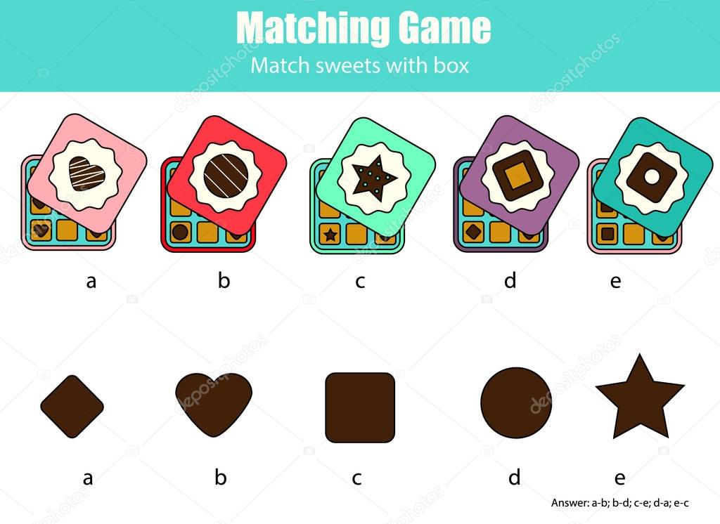 Matching children educational game with chocolate sweets. Match by shape kids activity