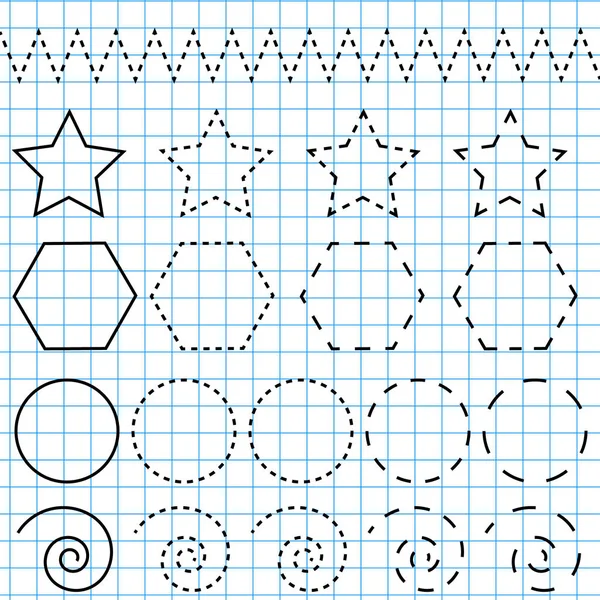 Fiche de pratique de l'écriture. Jeu éducatif pour enfants. Feuille de calcul imprimable, formes de dessin — Image vectorielle