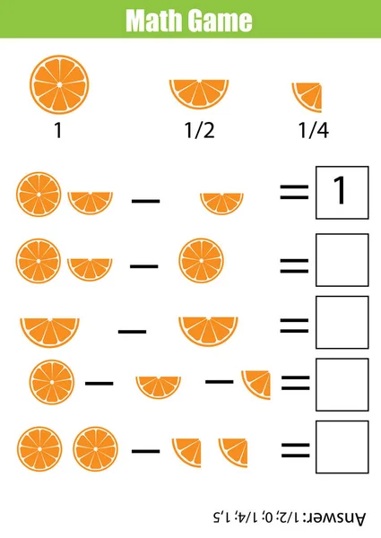 Matematik Eğitim oyun çocuklar için çıkarma çalışma sayfası sayma. Öğrenme kesirler, yarım, çeyrek — Stok Vektör