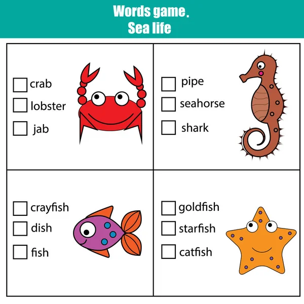 Words test educational game for children. Sea animals theme — Stock Vector