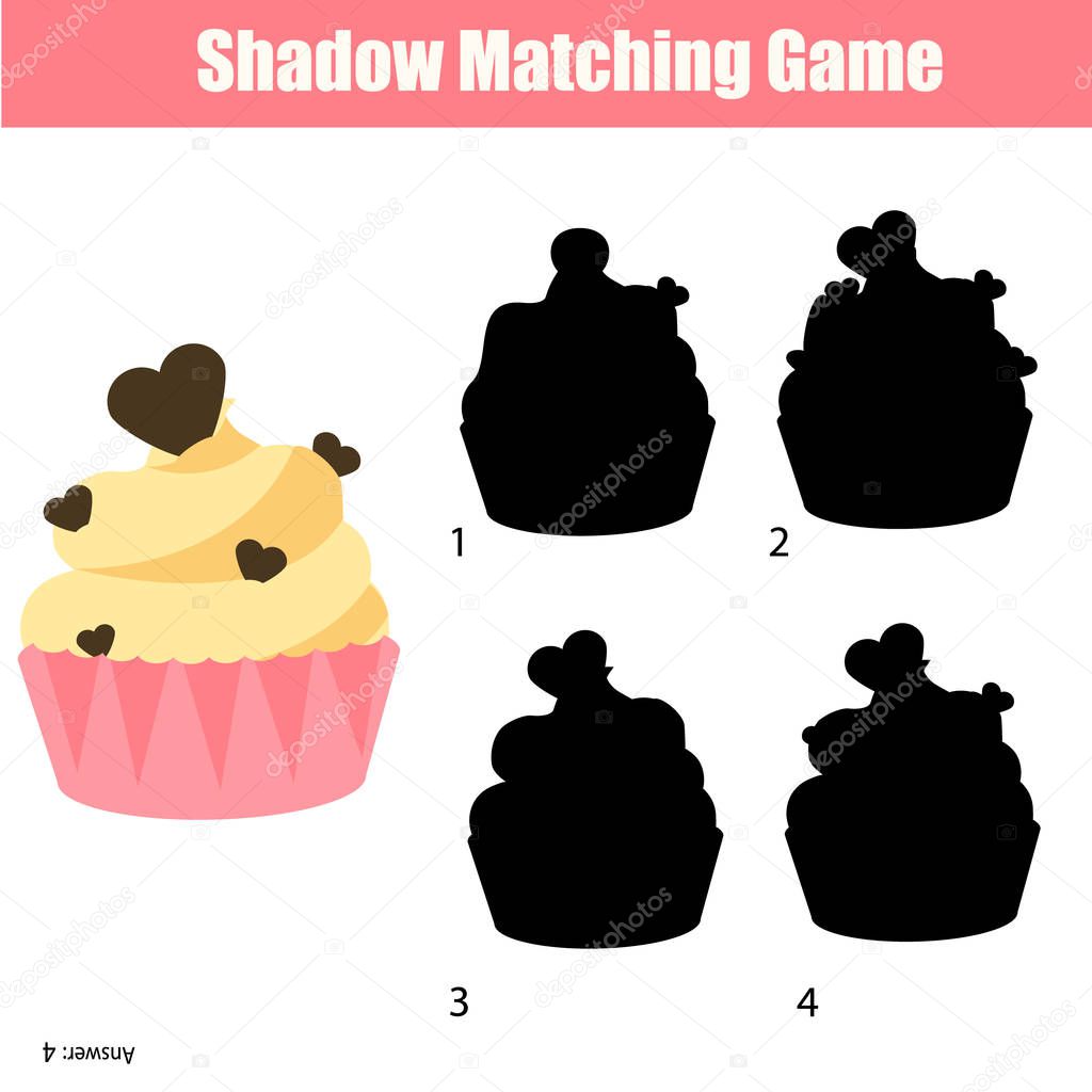 Shadow matching game. Find the correct silhouette for cupcake, kids activity, worksheet