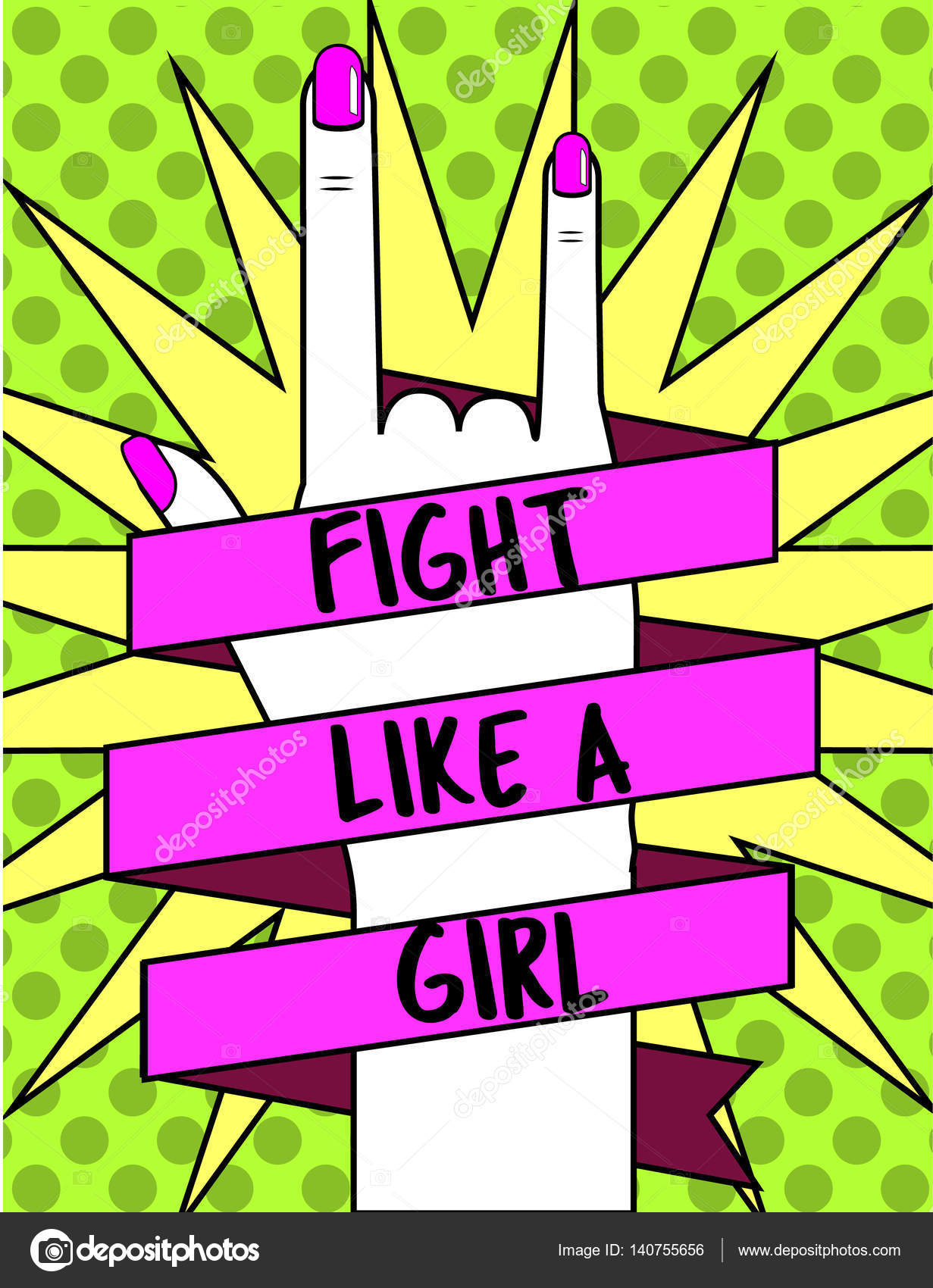 Fight Like A Girl Womans Hand And Slogan Ribbon Feminism Concept Illustration In Pop Art 