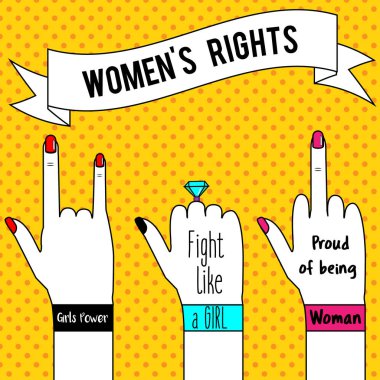 Kadın hakları. Kadının el ve sloganı şerit. Feminizm konsept illüstrasyon pop sanat tarzı