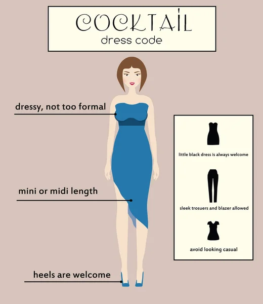 Infografía de código de vestimenta de mujer. Cóctel. Mujer en vestido midi azul elegante — Vector de stock
