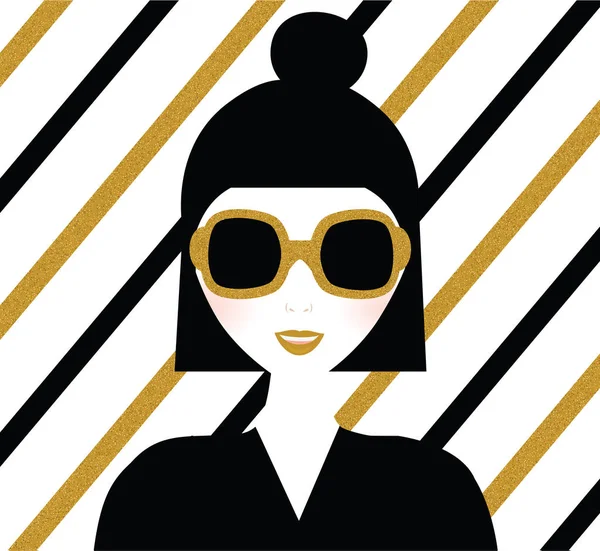 Modisches modernes Mädchen mit Sonnenbrille. Porträt im künstlerischen Stil mit gold glitzernden gestreiften Hintergrund. Mode-Illustration — Stockvektor